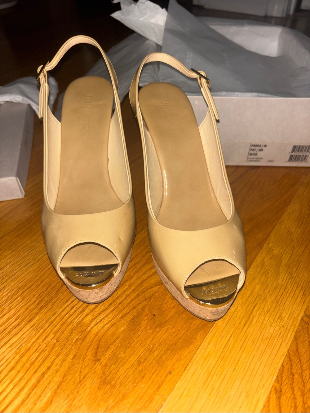 Beige Peep-Toe Slingback Wedge Heels